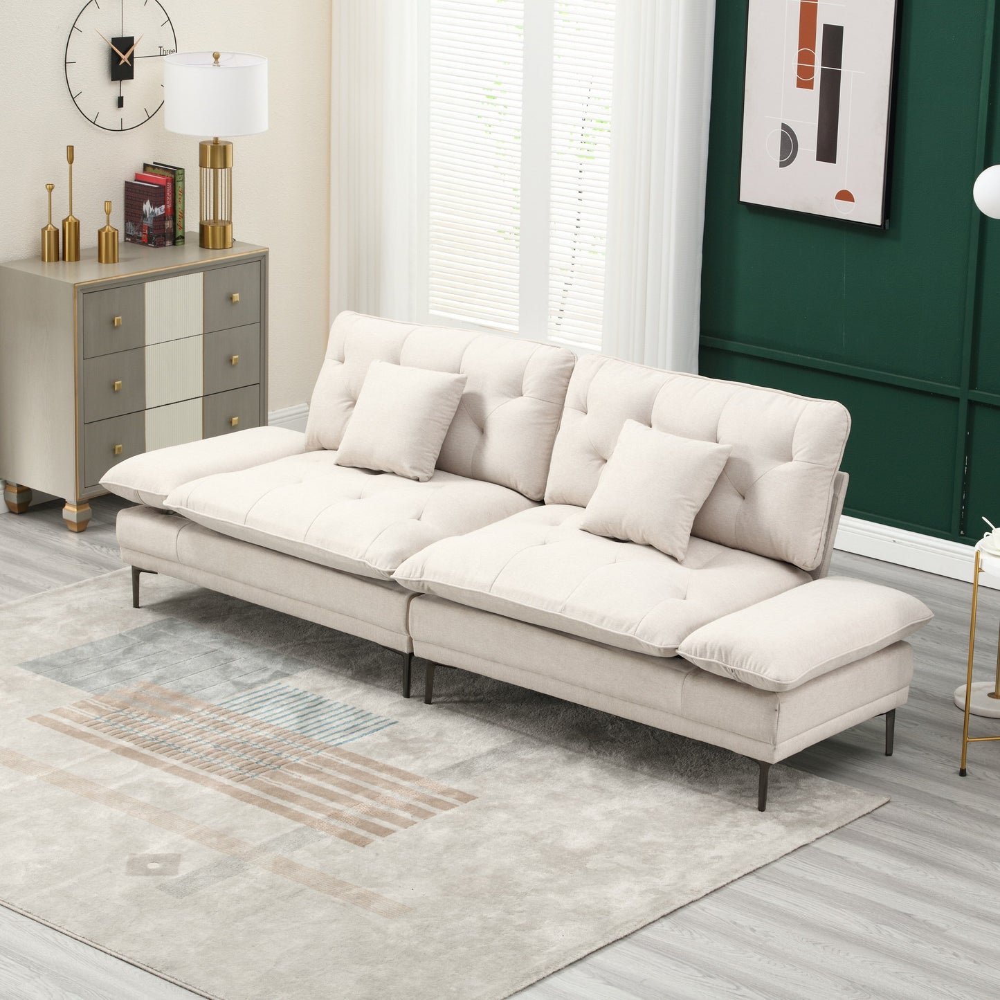 Beige Modern 102.36 Linen Loveseat Sofa with Adjustable Armrests and Tufted Cushions for Living Room
