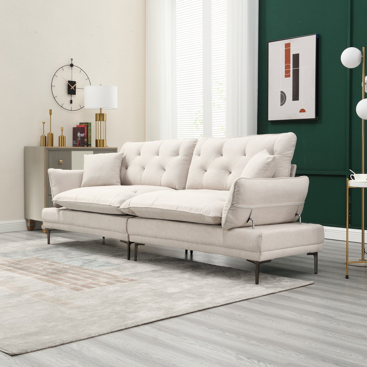 Beige Modern 102.36 Linen Loveseat Sofa with Adjustable Armrests and Tufted Cushions for Living Room