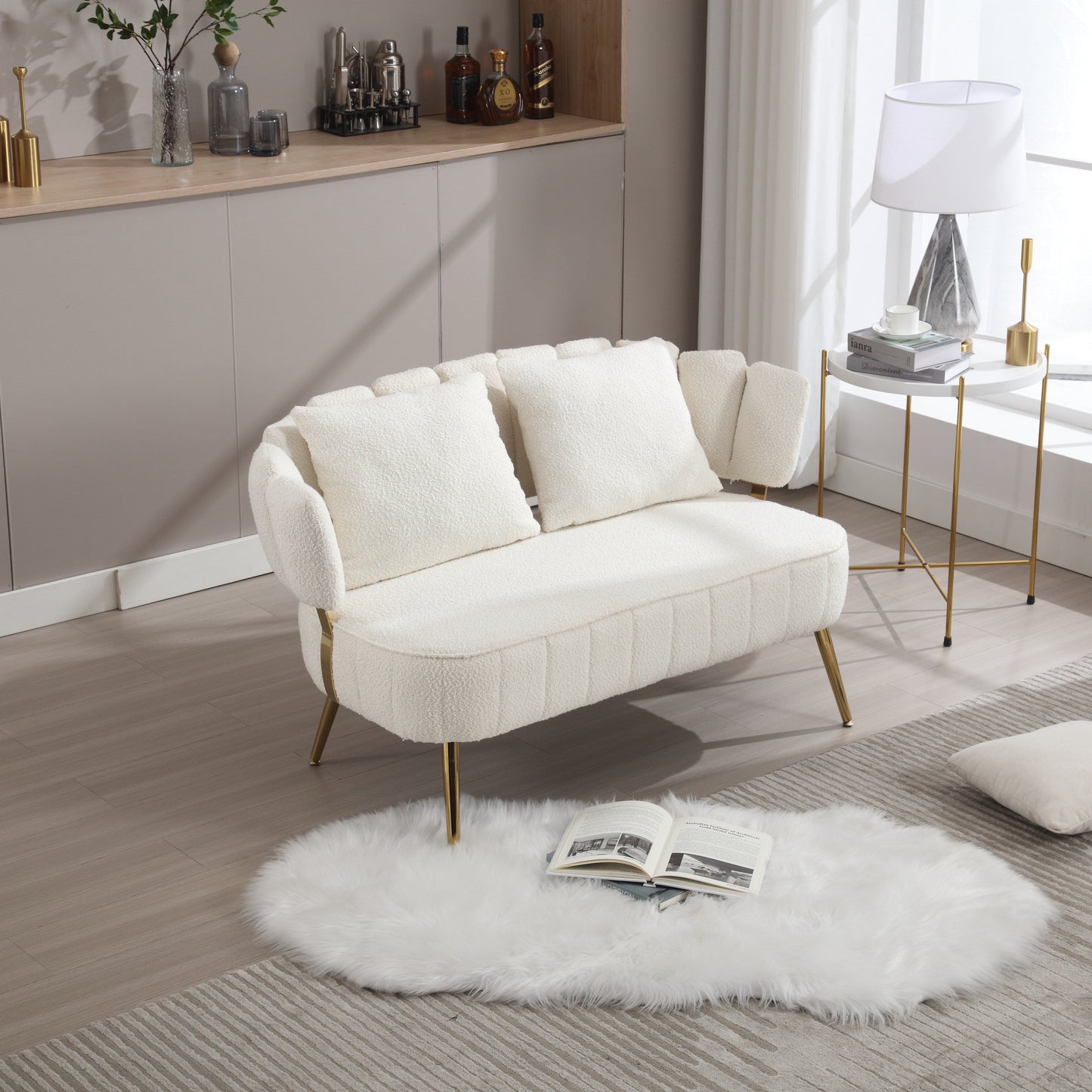 Beige Modern 51.97 Boucle Upholstered Loveseat Sofa with Metal Frame and Pillows for Living Room