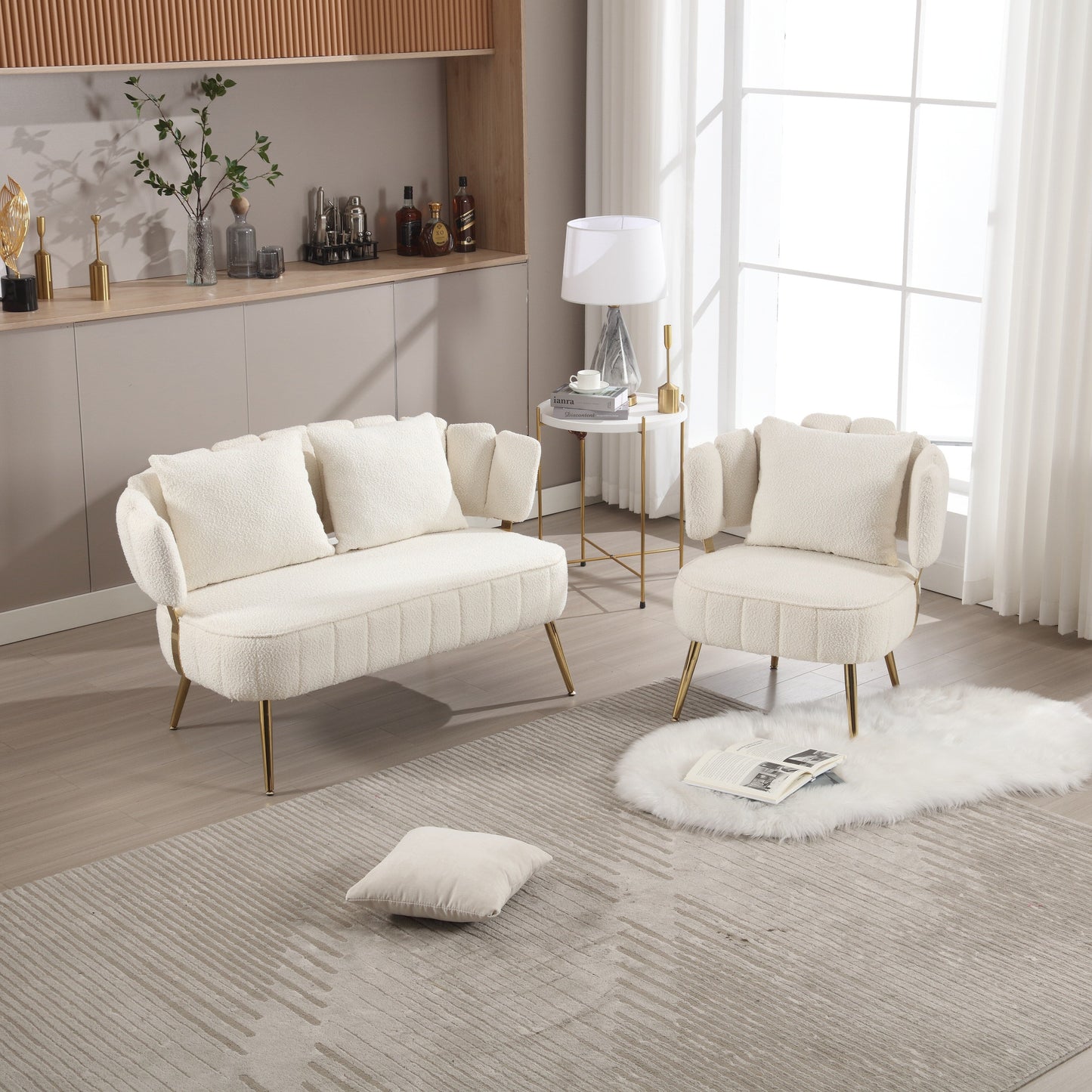 Beige Modern 51.97 Boucle Upholstered Loveseat Sofa with Metal Frame and Pillows for Living Room