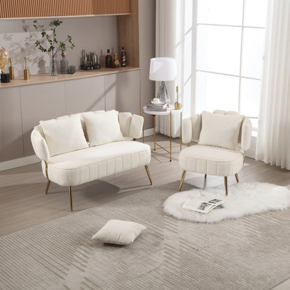 Beige Modern 51.97 Boucle Upholstered Loveseat Sofa with Metal Frame and Pillows for Living Room