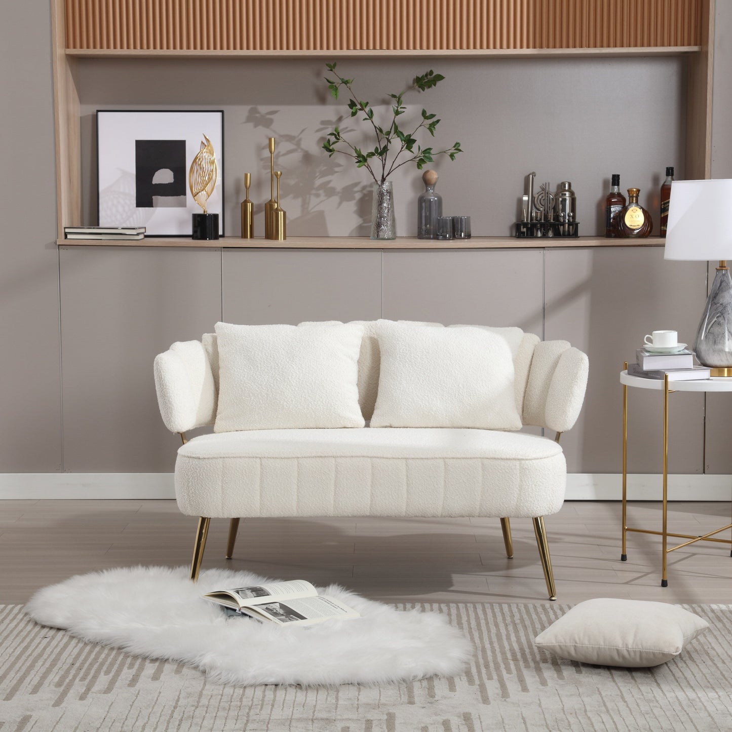 Beige Modern 51.97 Boucle Upholstered Loveseat Sofa with Metal Frame and Pillows for Living Room