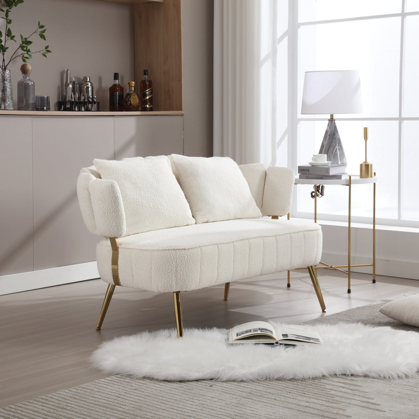 Beige Modern 51.97 Boucle Upholstered Loveseat Sofa with Metal Frame and Pillows for Living Room