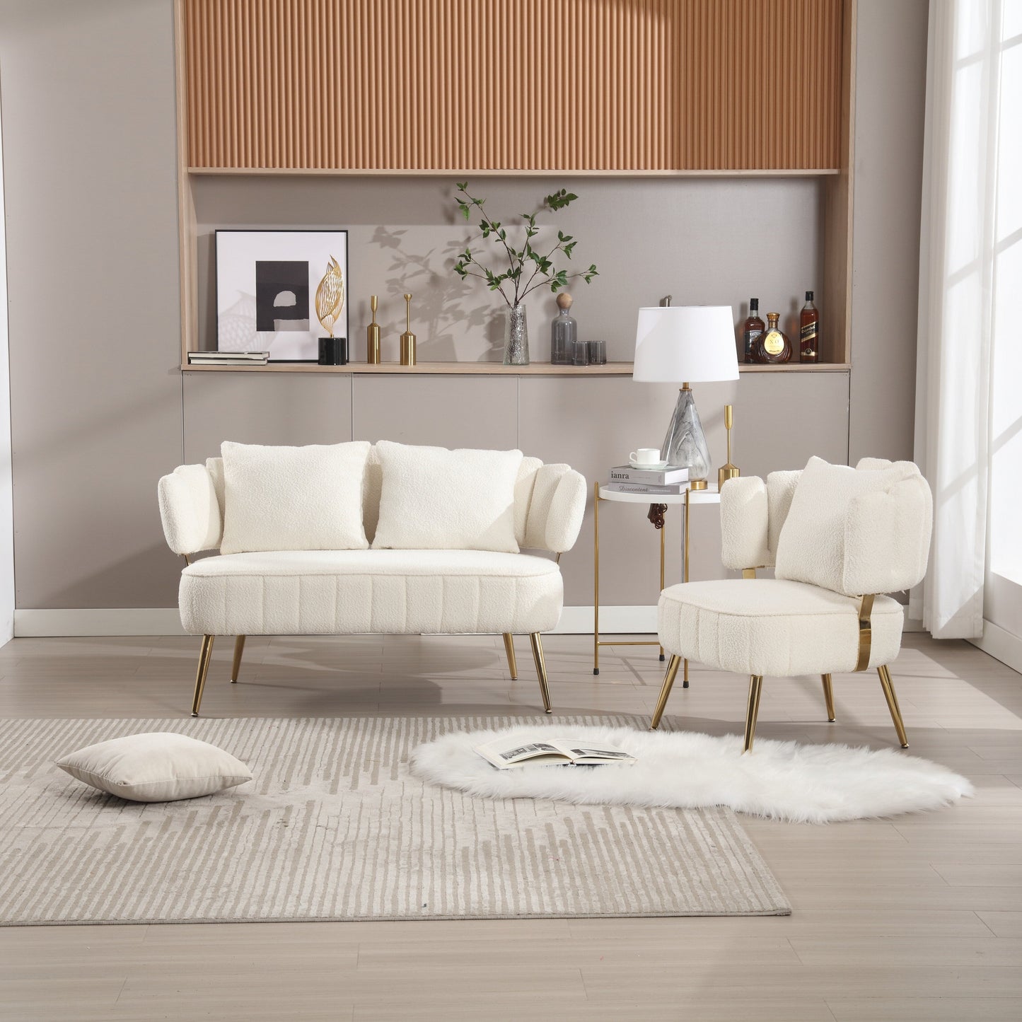 Beige Modern 51.97 Boucle Upholstered Loveseat Sofa with Metal Frame and Pillows for Living Room