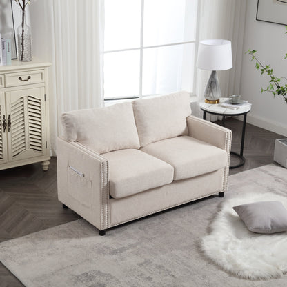 Beige Modern 52.36 Chenille Upholstered Loveseat Sofa with Pocket and Nailheads for Living Room