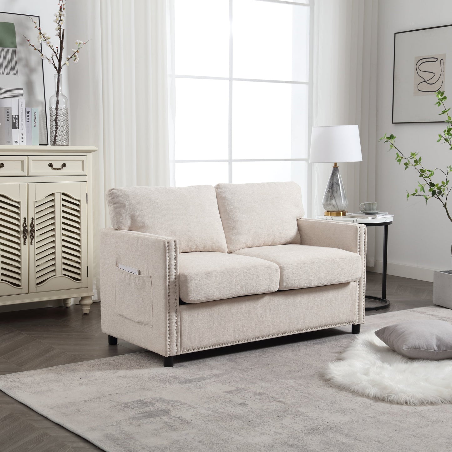 Beige Modern 52.36 Chenille Upholstered Loveseat Sofa with Pocket and Nailheads for Living Room
