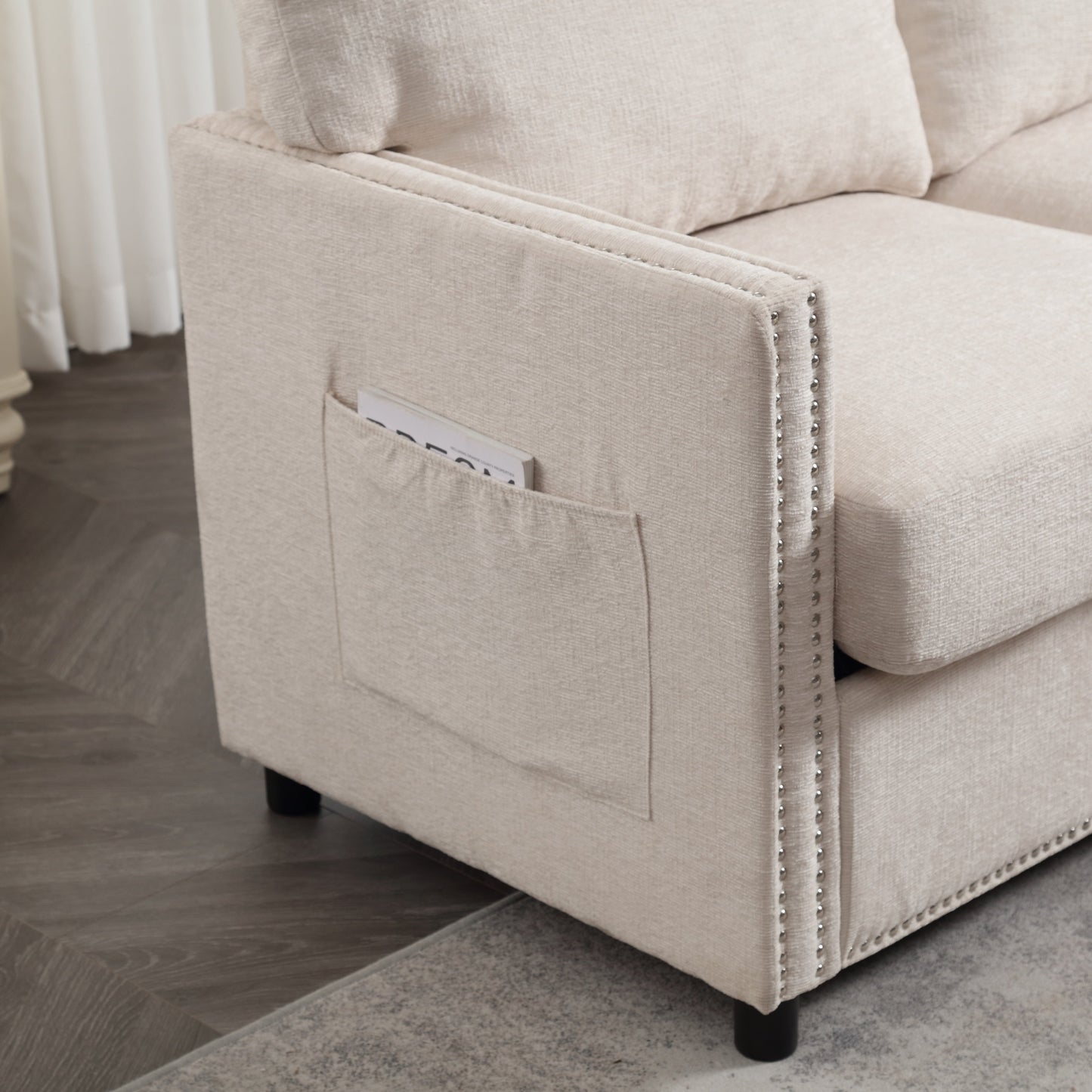 Beige Modern 52.36 Chenille Upholstered Loveseat Sofa with Pocket and Nailheads for Living Room