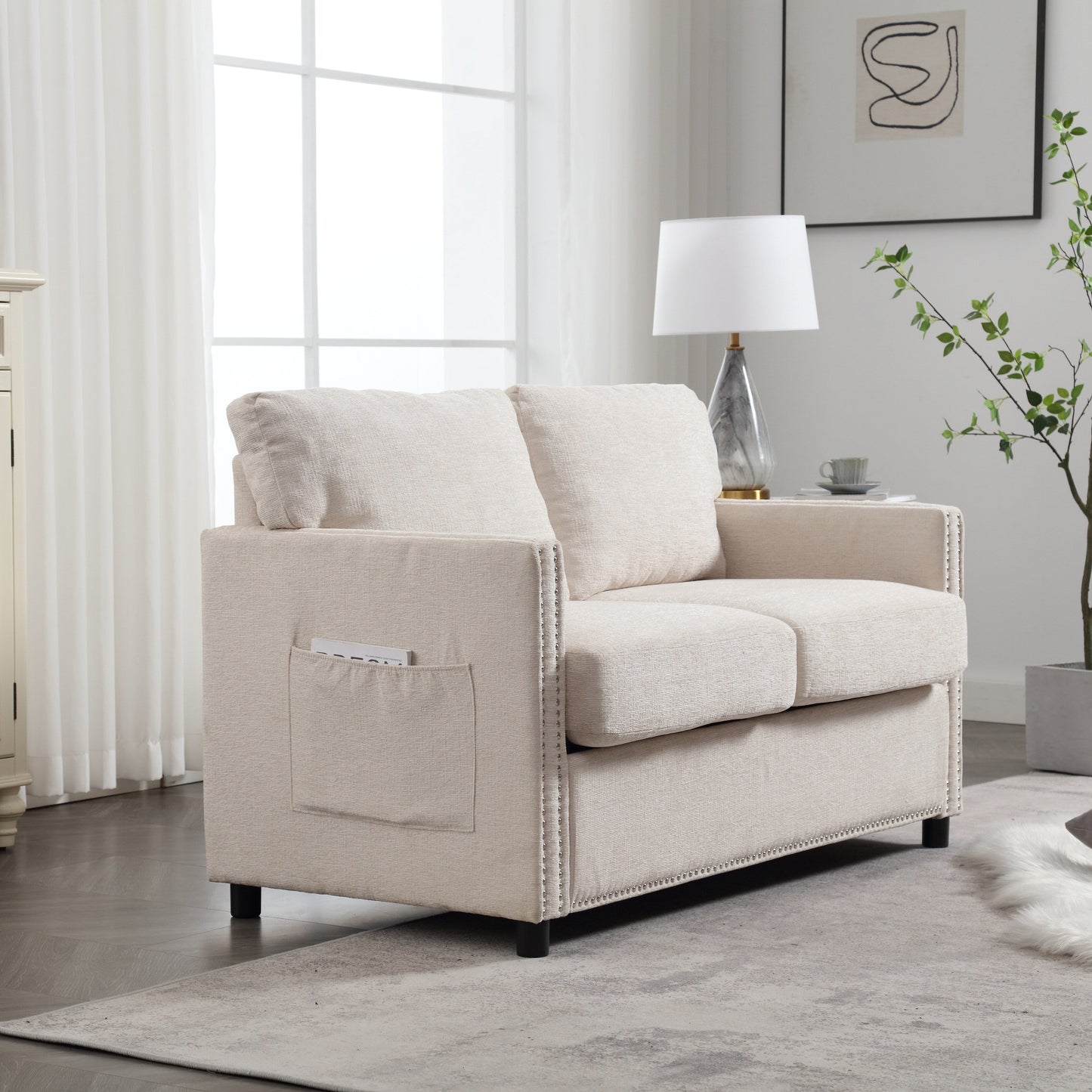 Beige Modern 52.36 Chenille Upholstered Loveseat Sofa with Pocket and Nailheads for Living Room