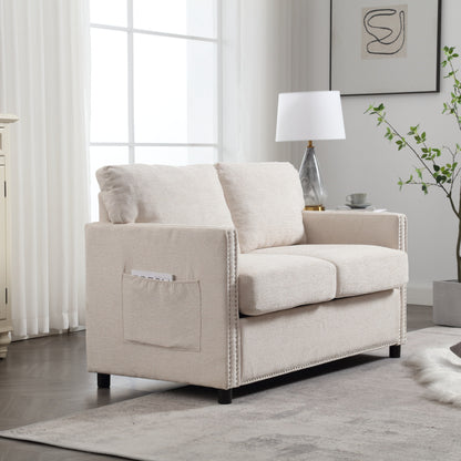 Beige Modern 52.36 Chenille Upholstered Loveseat Sofa with Pocket and Nailheads for Living Room