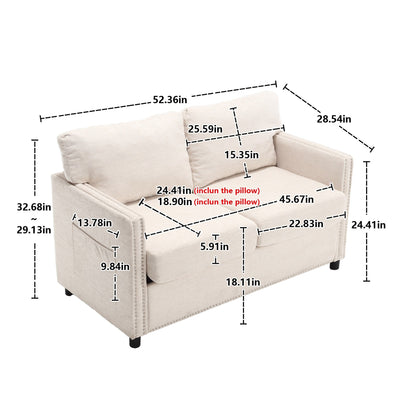 Beige Modern 52.36 Chenille Upholstered Loveseat Sofa with Pocket and Nailheads for Living Room