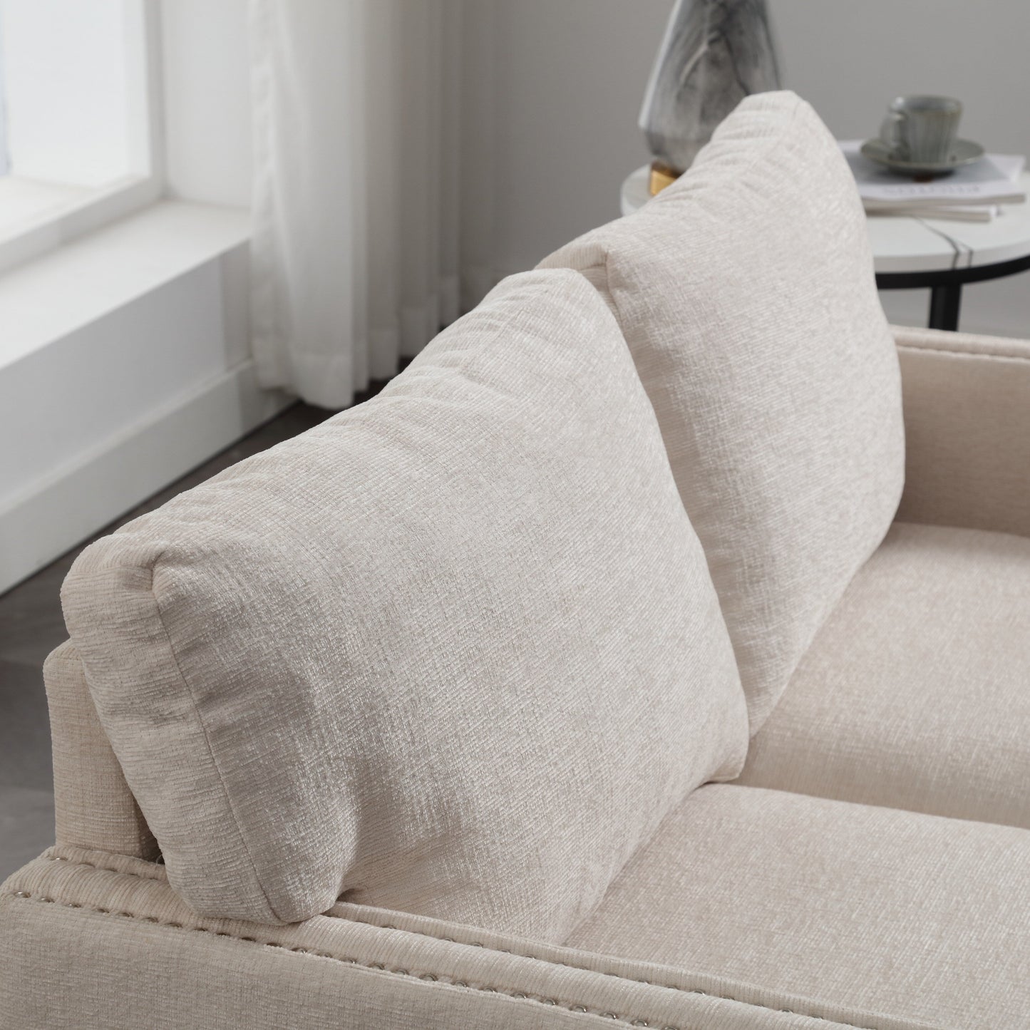 Beige Modern 52.36 Chenille Upholstered Loveseat Sofa with Pocket and Nailheads for Living Room
