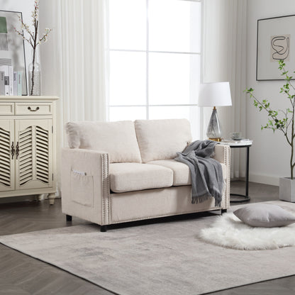 Beige Modern 52.36 Chenille Upholstered Loveseat Sofa with Pocket and Nailheads for Living Room