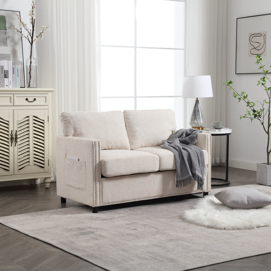 Beige Modern 52.36 Chenille Upholstered Loveseat Sofa with Pocket and Nailheads for Living Room
