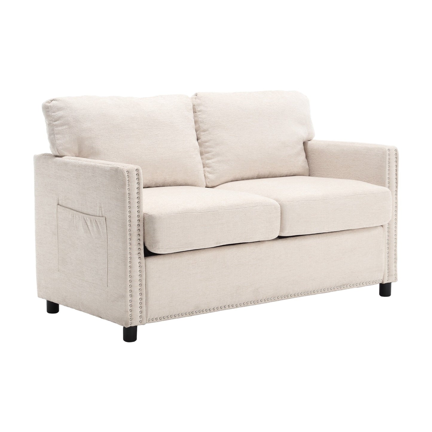 Beige Modern 52.36 Chenille Upholstered Loveseat Sofa with Pocket and Nailheads for Living Room
