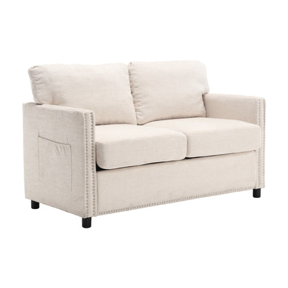 Beige Modern 52.36 Chenille Upholstered Loveseat Sofa with Pocket and Nailheads for Living Room