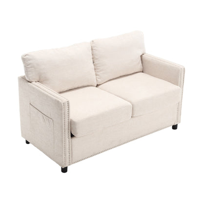 Beige Modern 52.36 Chenille Upholstered Loveseat Sofa with Pocket and Nailheads for Living Room