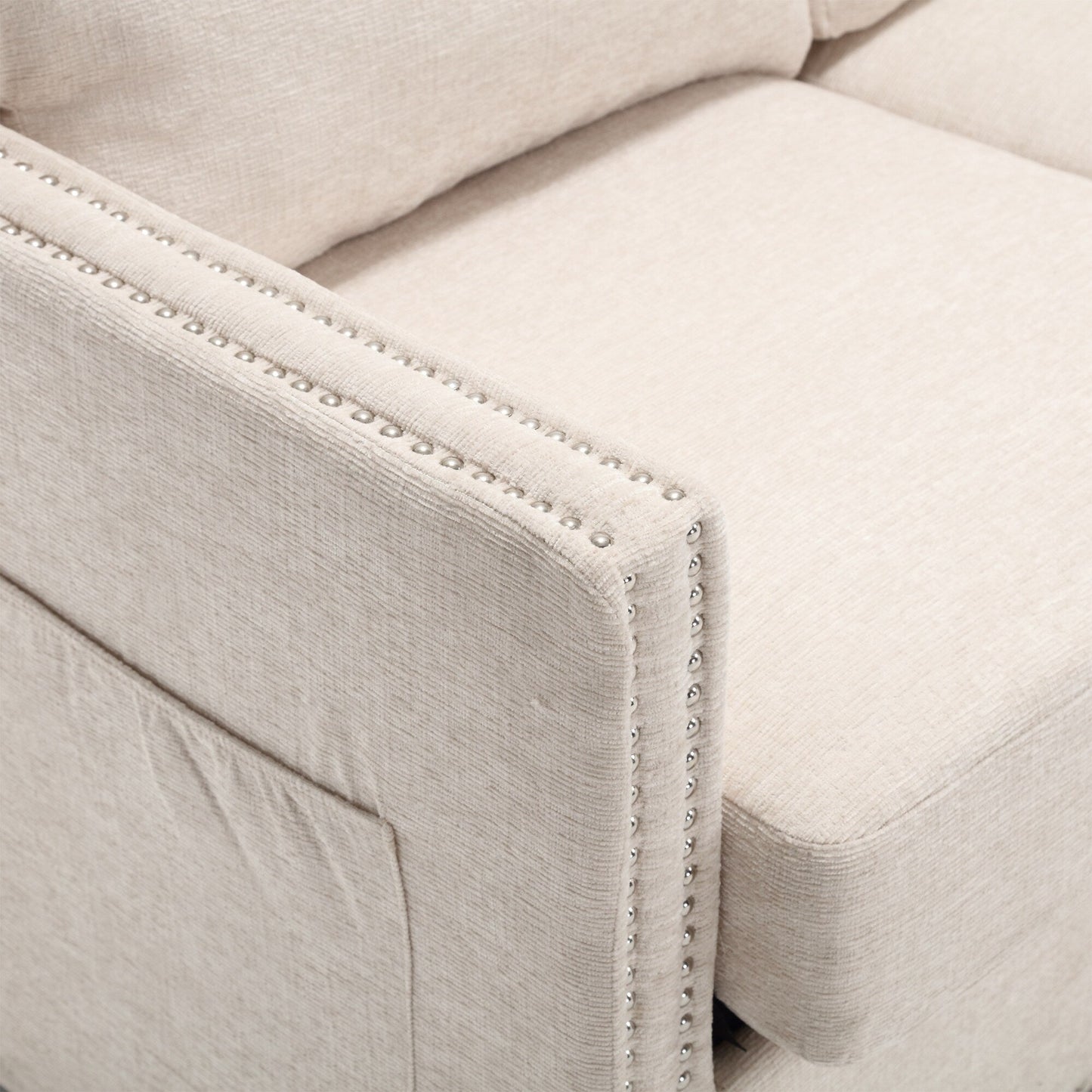 Beige Modern 52.36 Chenille Upholstered Loveseat Sofa with Pocket and Nailheads for Living Room