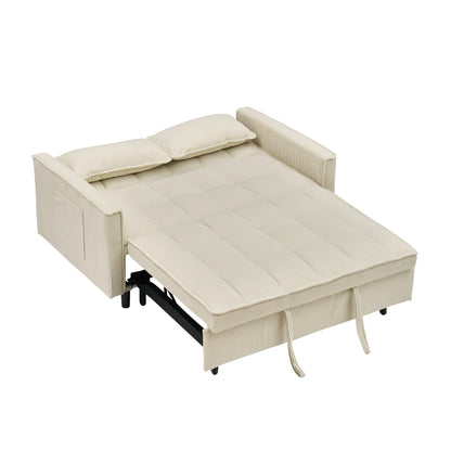 Beige Modern 54.3 Corduroy Loveseat Pull-out Sofa Bed with Adjustable Back and Pillows for Living Room