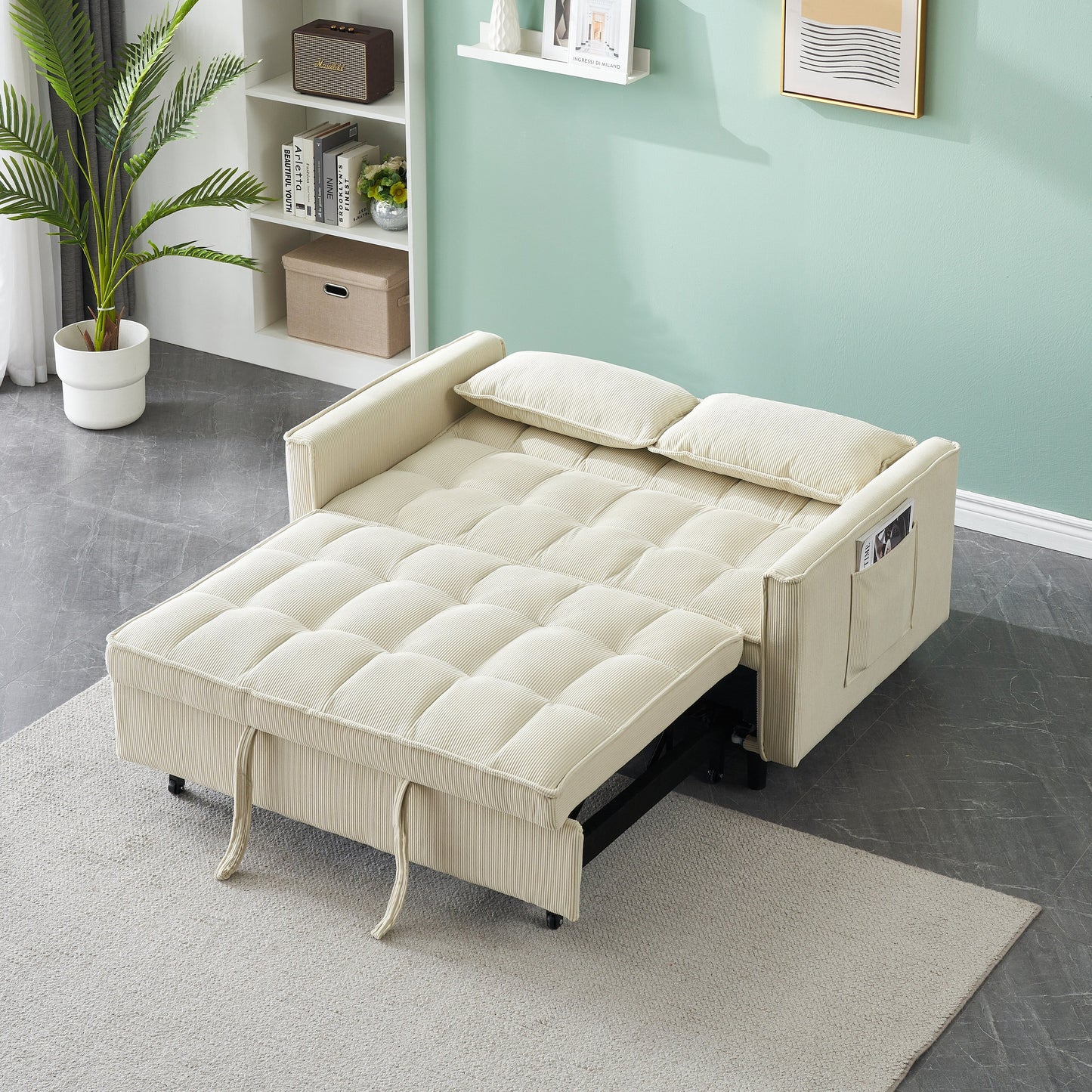 Beige Modern 54.3 Corduroy Loveseat Pull-out Sofa Bed with Adjustable Back and Pillows for Living Room