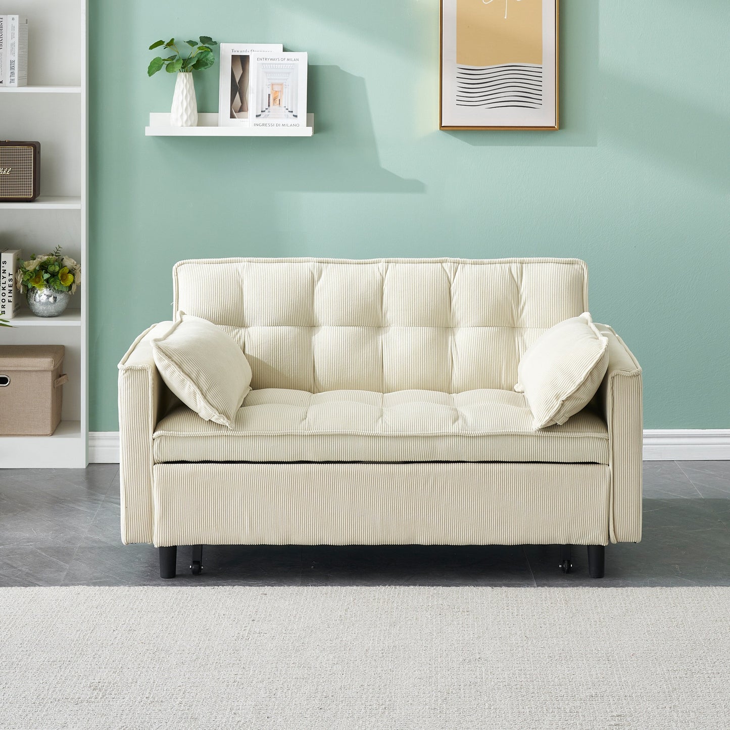 Beige Modern 54.3 Corduroy Loveseat Pull-out Sofa Bed with Adjustable Back and Pillows for Living Room
