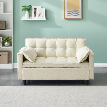 Beige Modern 54.3 Corduroy Loveseat Pull-out Sofa Bed with Adjustable Back and Pillows for Living Room