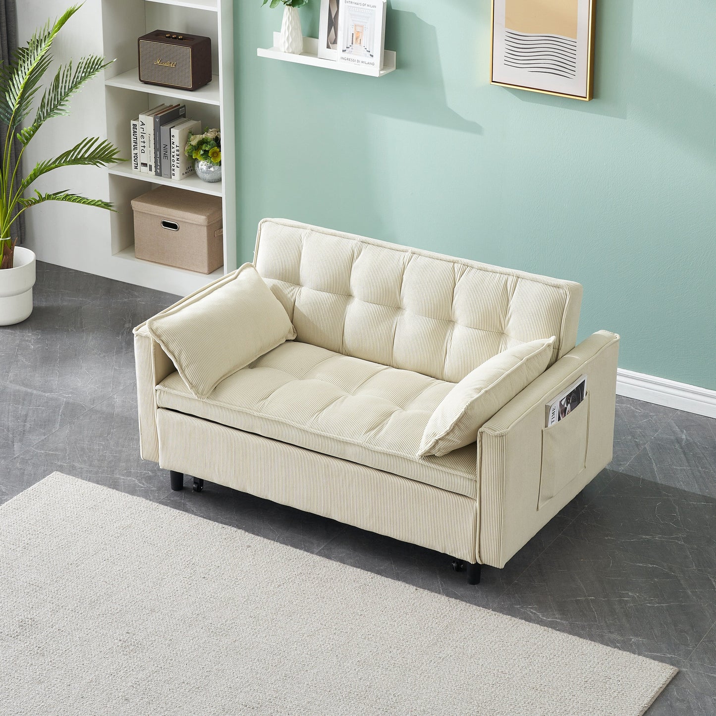 Beige Modern 54.3 Corduroy Loveseat Pull-out Sofa Bed with Adjustable Back and Pillows for Living Room