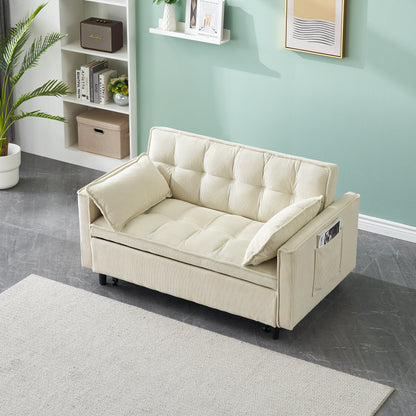 Beige Modern 54.3 Corduroy Loveseat Pull-out Sofa Bed with Adjustable Back and Pillows for Living Room