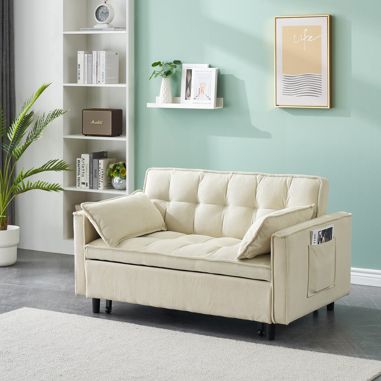 Beige Modern 54.3 Corduroy Loveseat Pull-out Sofa Bed with Adjustable Back and Pillows for Living Room
