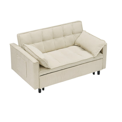 Beige Modern 54.3 Corduroy Loveseat Pull-out Sofa Bed with Adjustable Back and Pillows for Living Room