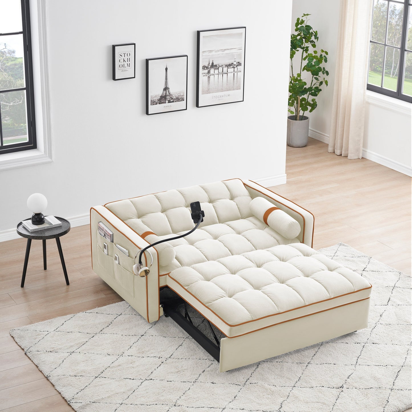 Beige Modern 55.5 Velvet Loveseat Convertible Pull Out Sofa Bed Sofa Bed with Pillows and Side Pockets for Living Room
