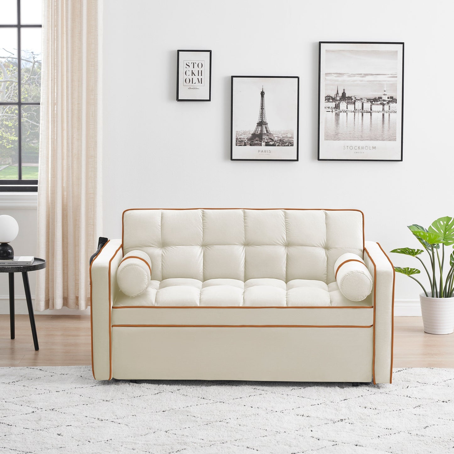 Beige Modern 55.5 Velvet Loveseat Convertible Pull Out Sofa Bed Sofa Bed with Pillows and Side Pockets for Living Room