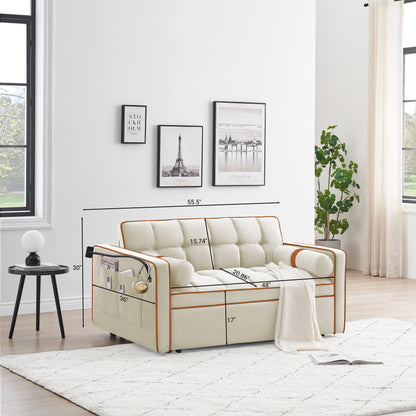 Beige Modern 55.5 Velvet Loveseat Convertible Pull Out Sofa Bed Sofa Bed with Pillows and Side Pockets for Living Room