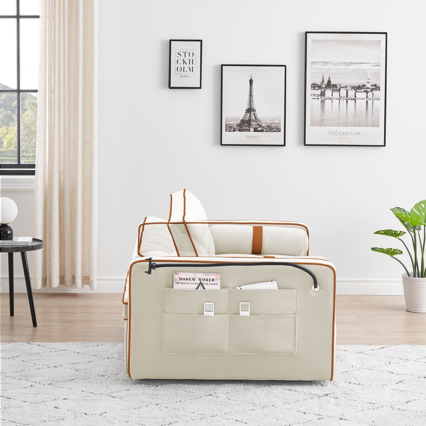 Beige Modern 55.5 Velvet Loveseat Convertible Pull Out Sofa Bed Sofa Bed with Pillows and Side Pockets for Living Room