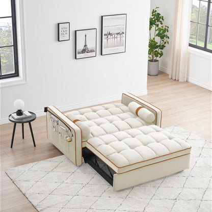 Beige Modern 55.5 Velvet Loveseat Convertible Pull Out Sofa Bed Sofa Bed with Pillows and Side Pockets for Living Room