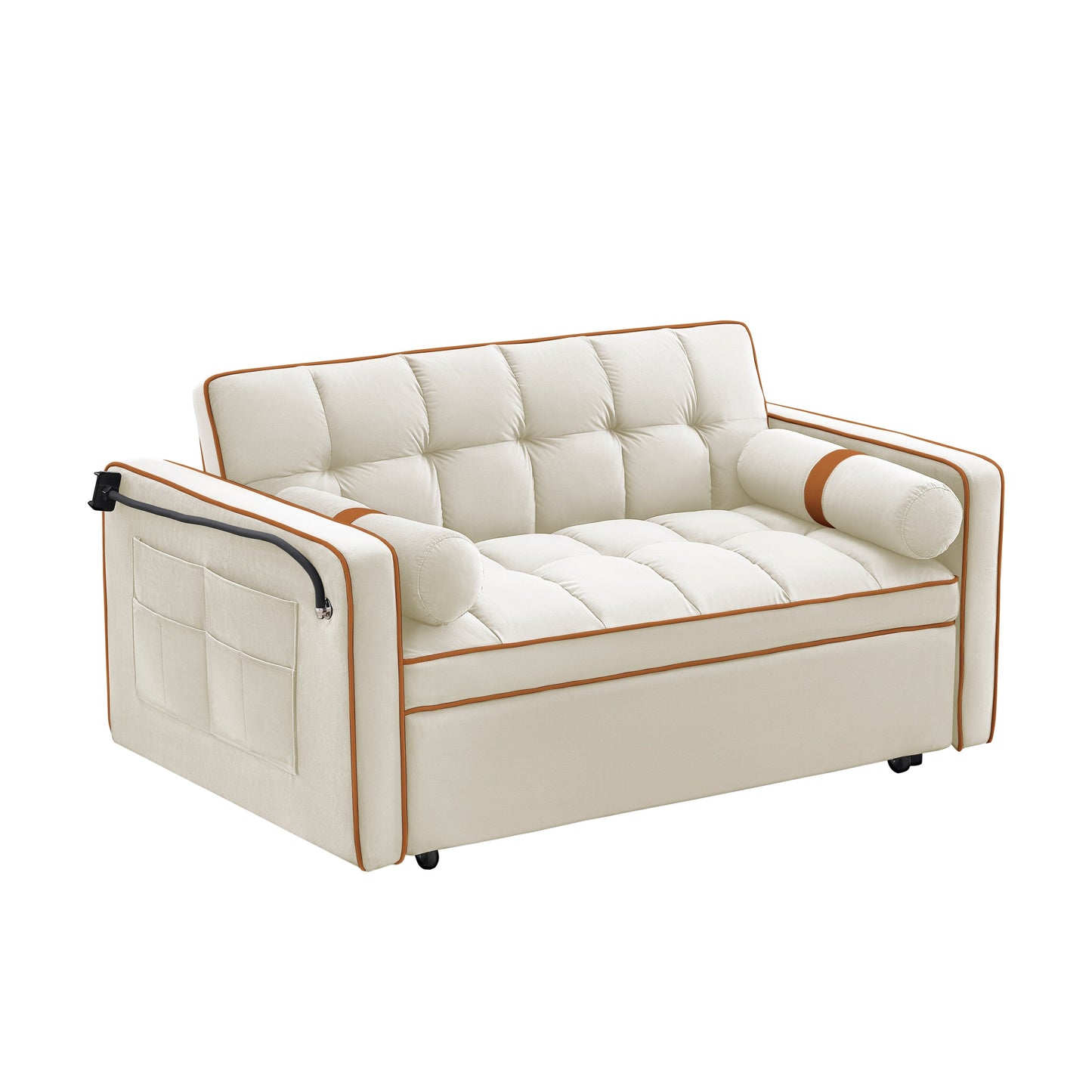 Beige Modern 55.5 Velvet Loveseat Convertible Pull Out Sofa Bed Sofa Bed with Pillows and Side Pockets for Living Room