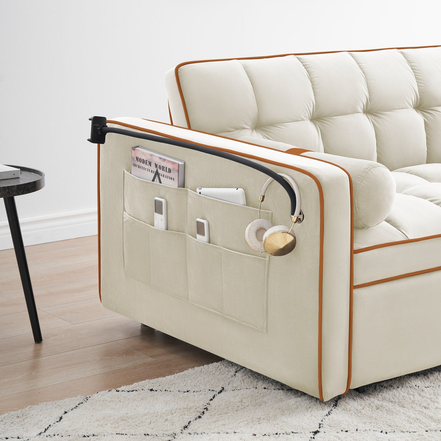 Beige Modern 55.5 Velvet Loveseat Convertible Pull Out Sofa Bed Sofa Bed with Pillows and Side Pockets for Living Room
