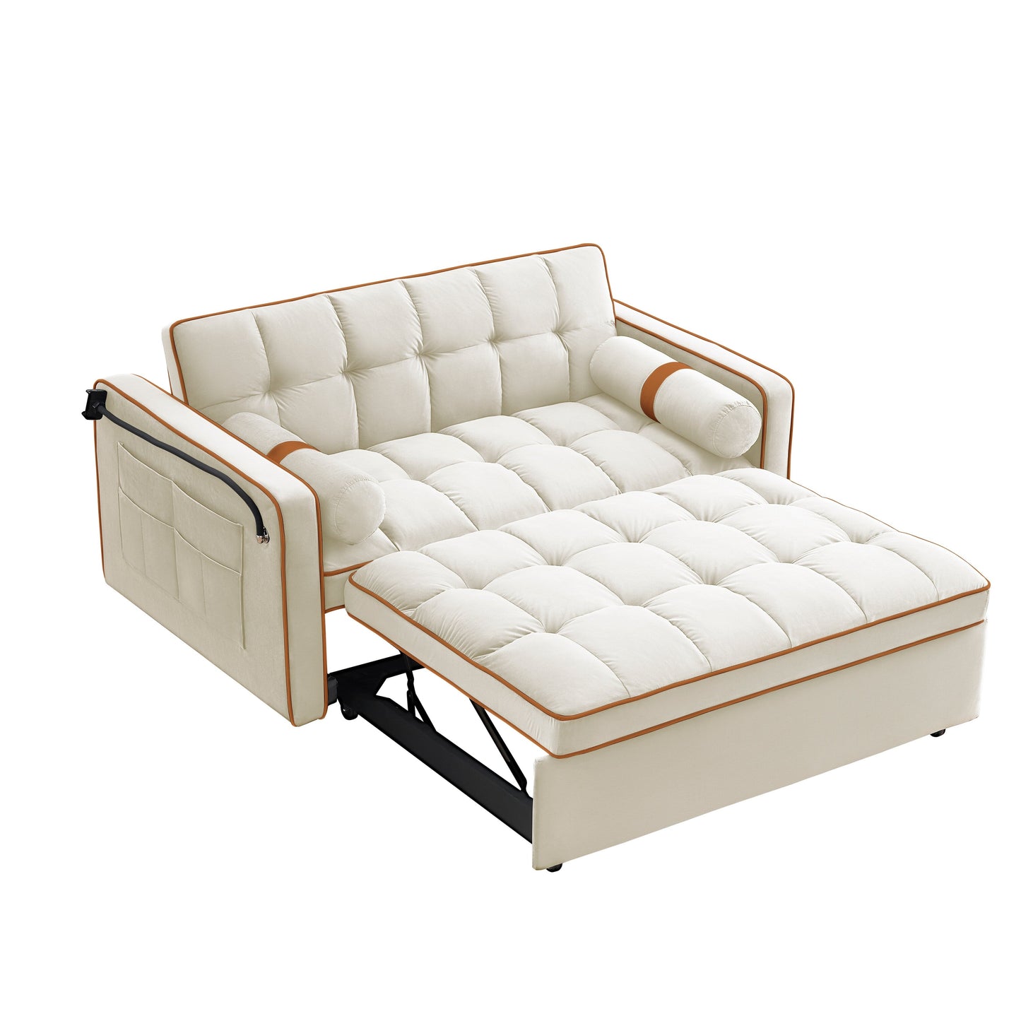 Beige Modern 55.5 Velvet Loveseat Convertible Pull Out Sofa Bed Sofa Bed with Pillows and Side Pockets for Living Room