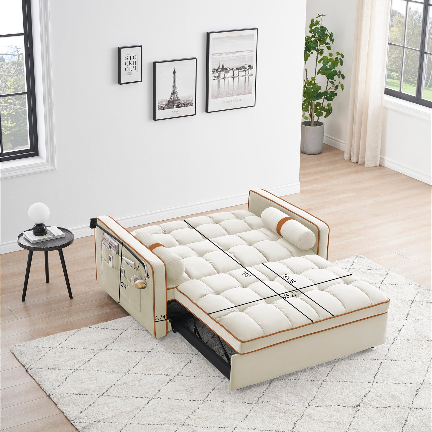 Beige Modern 55.5 Velvet Loveseat Convertible Pull Out Sofa Bed Sofa Bed with Pillows and Side Pockets for Living Room