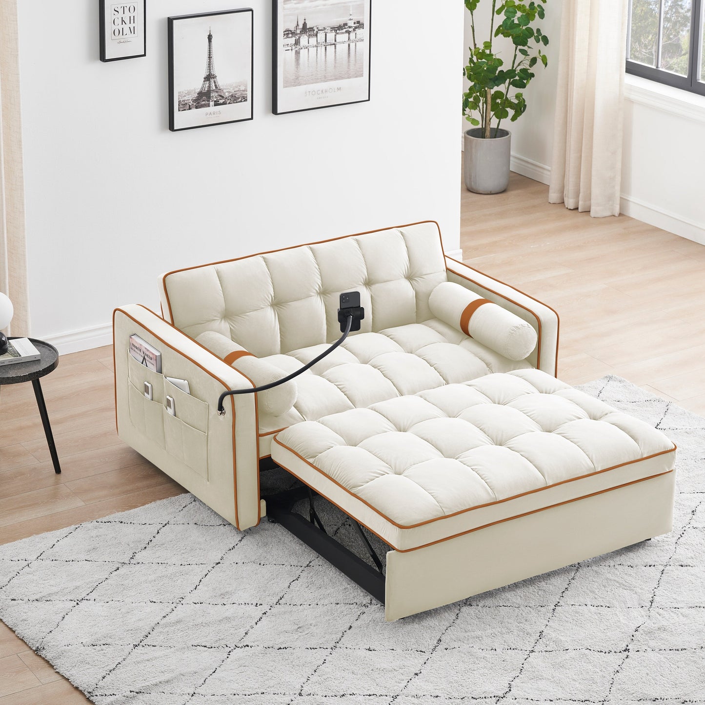 Beige Modern 55.5 Velvet Loveseat Convertible Pull Out Sofa Bed Sofa Bed with Pillows and Side Pockets for Living Room