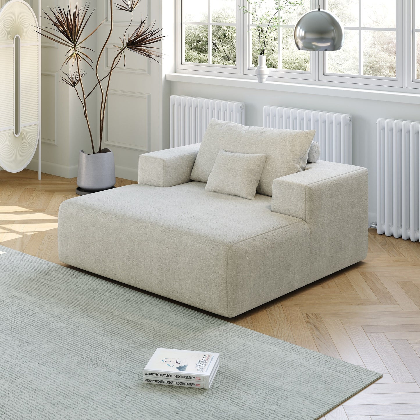 Beige Modern 55 Chenille Sponge Single Sleeper Chair Sofa with Backrest Pillow for Living Room