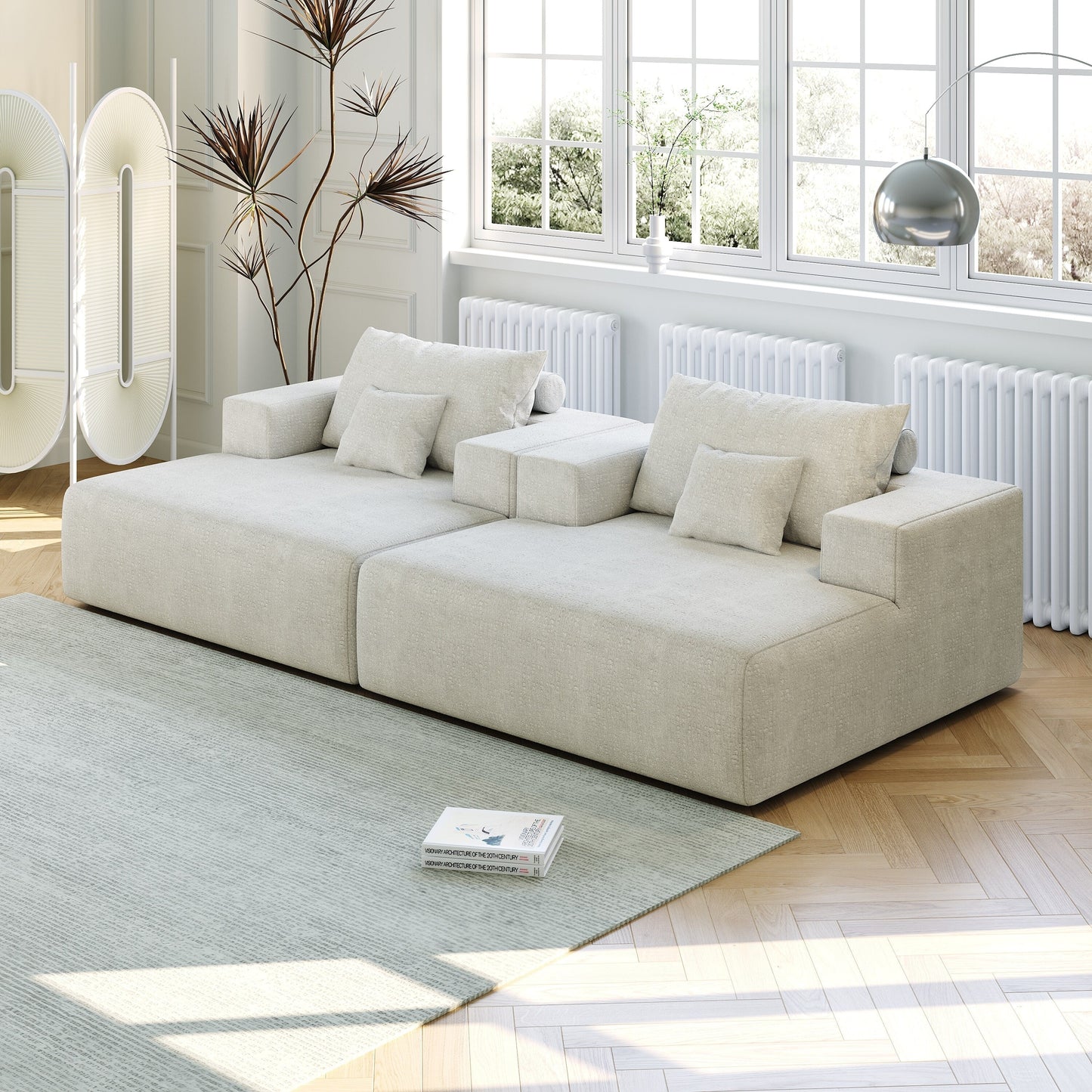 Beige Modern 55 Chenille Sponge Single Sleeper Chair Sofa with Backrest Pillow for Living Room