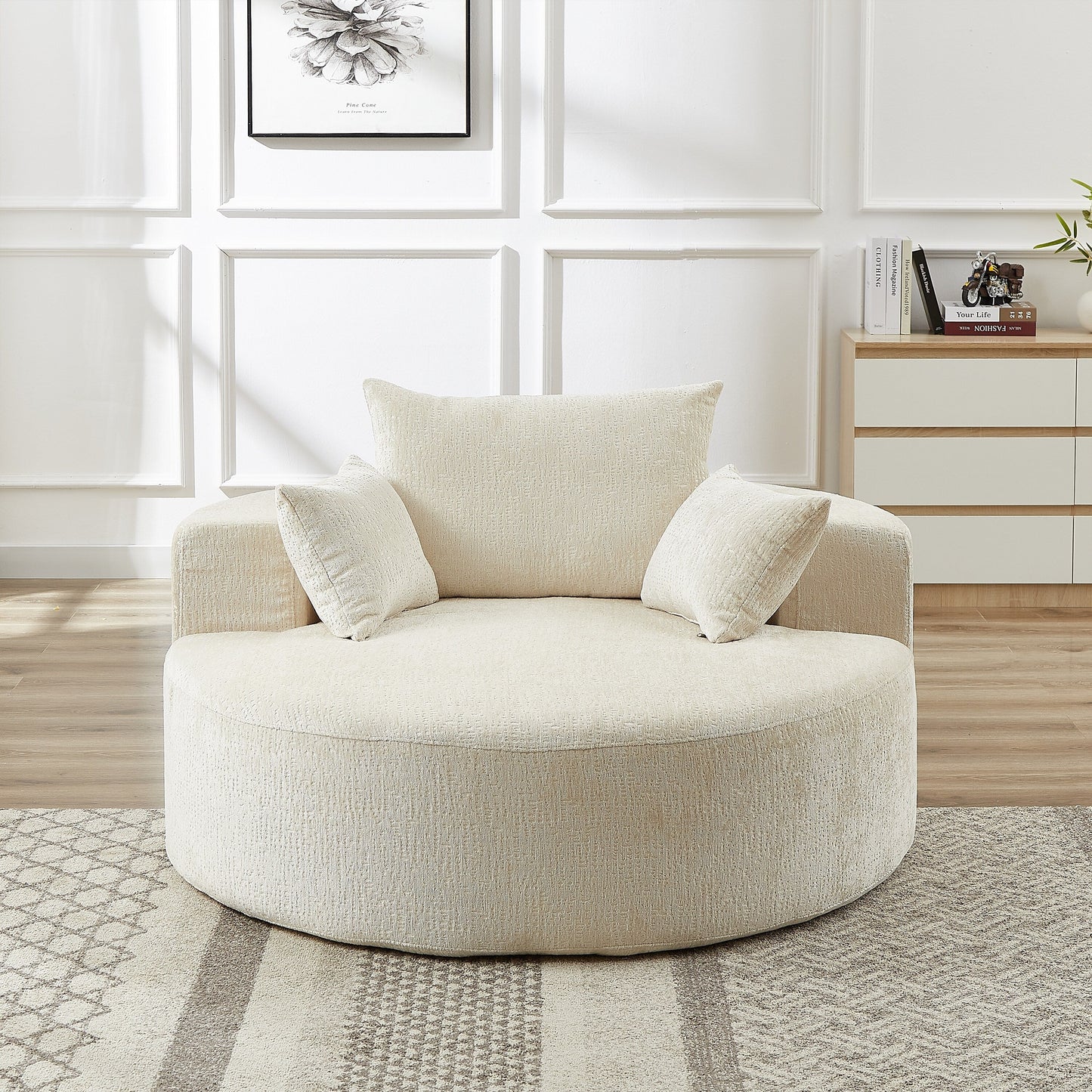 Beige Modern 55 Round Chenille Sponge Single Sleeper Sofa with Backrest Pillow for Living Room