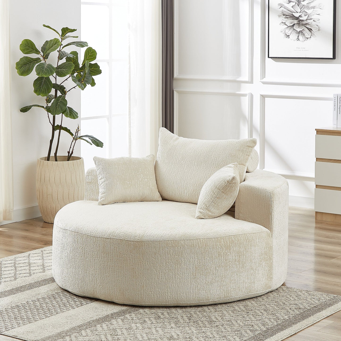 Beige Modern 55 Round Chenille Sponge Single Sleeper Sofa with Backrest Pillow for Living Room
