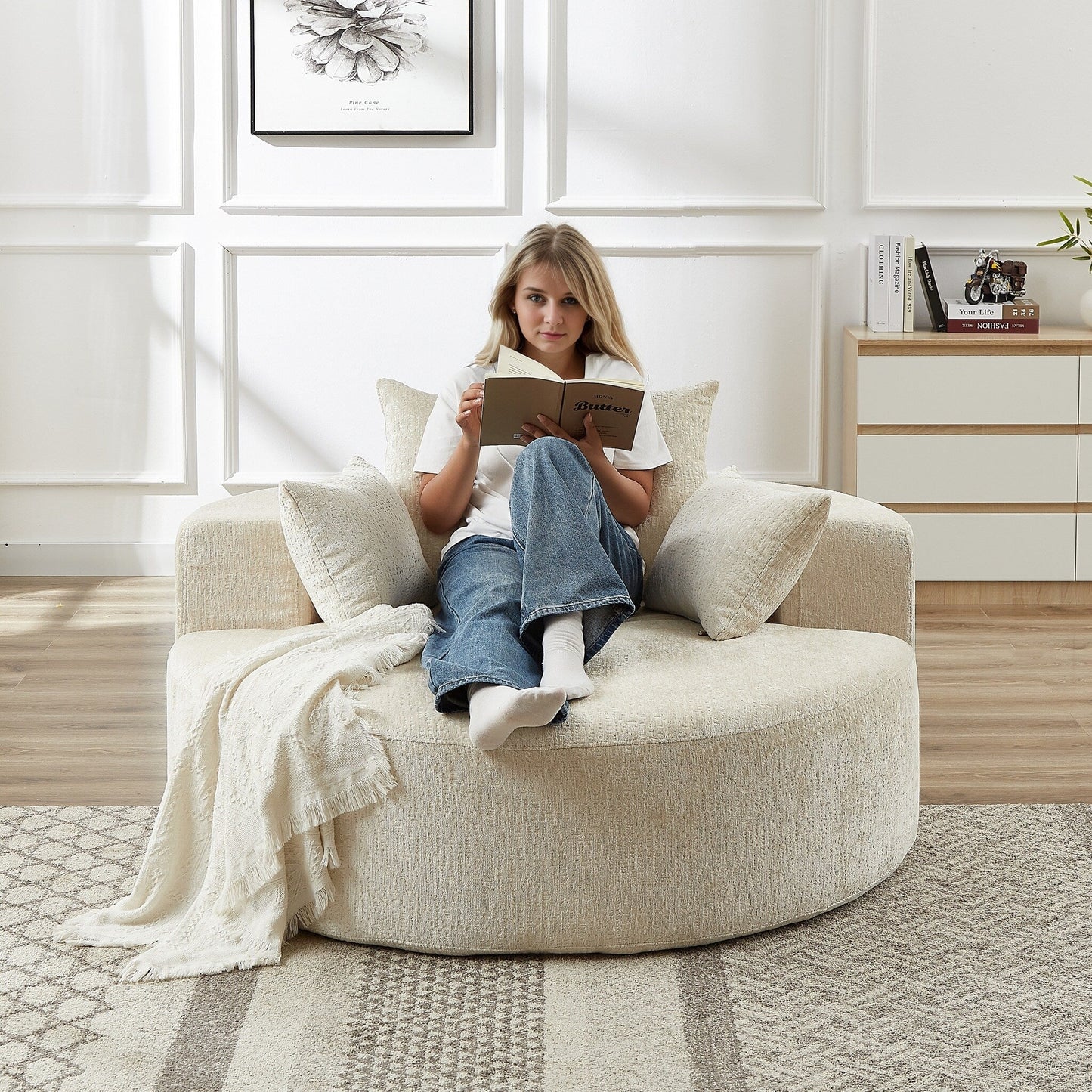 Beige Modern 55 Round Chenille Sponge Single Sleeper Sofa with Backrest Pillow for Living Room