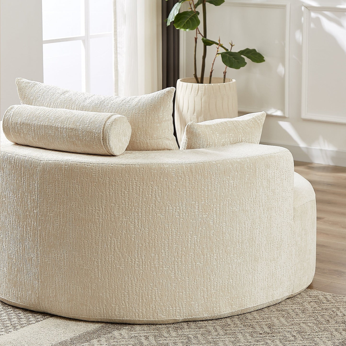 Beige Modern 55 Round Chenille Sponge Single Sleeper Sofa with Backrest Pillow for Living Room