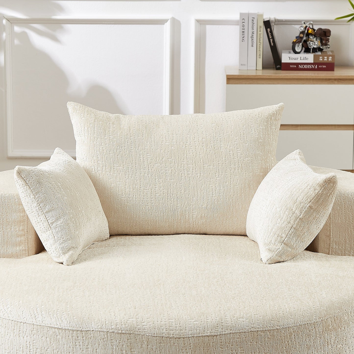 Beige Modern 55 Round Chenille Sponge Single Sleeper Sofa with Backrest Pillow for Living Room