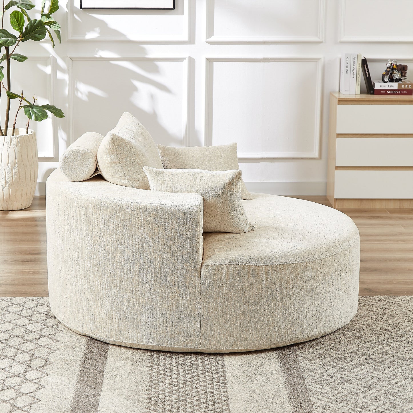 Beige Modern 55 Round Chenille Sponge Single Sleeper Sofa with Backrest Pillow for Living Room