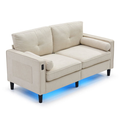 Beige Modern 57.87 Linen Loveseat Sofa with LED Lights and 2 USB Ports for Living Room
