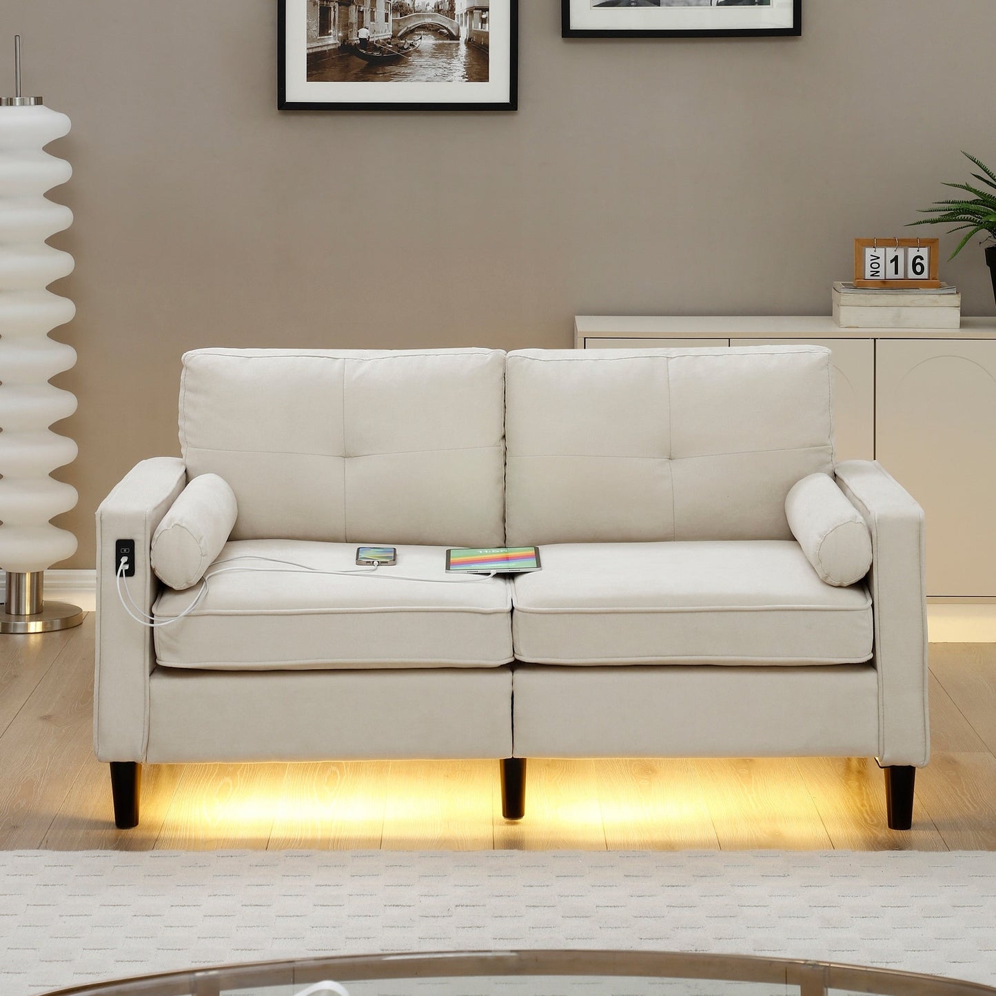 Beige Modern 57.87 Linen Loveseat Sofa with LED Lights and 2 USB Ports for Living Room