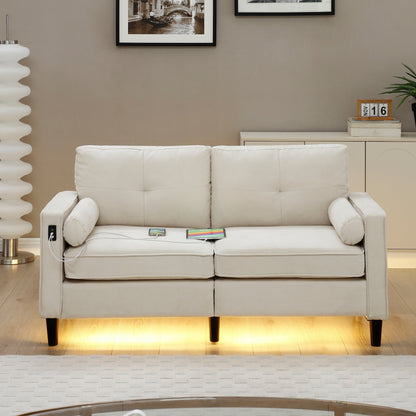 Beige Modern 57.87 Linen Loveseat Sofa with LED Lights and 2 USB Ports for Living Room